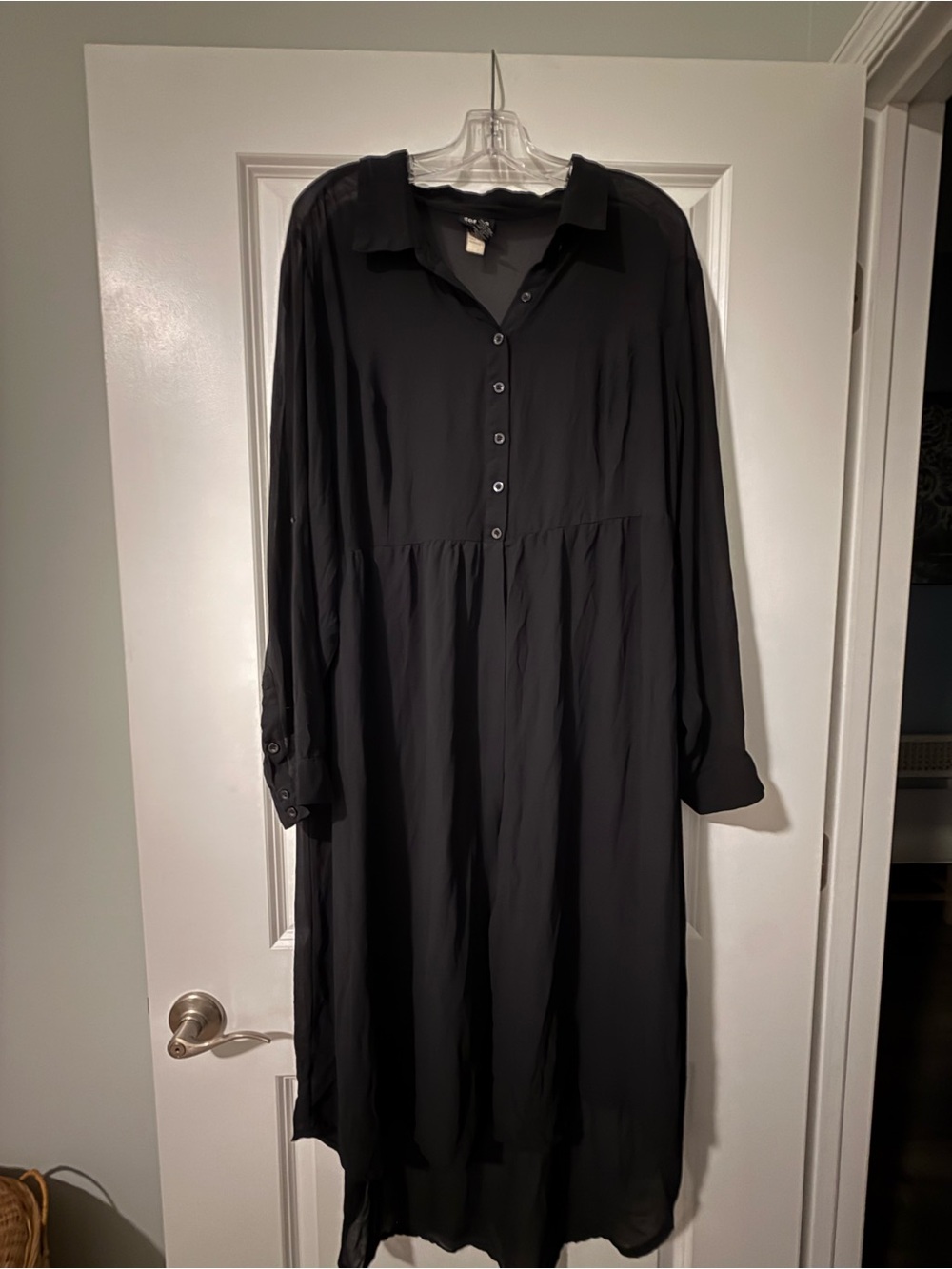 Black Long Sleeve Button-Front Shirt Dress/Tunic - open slit front